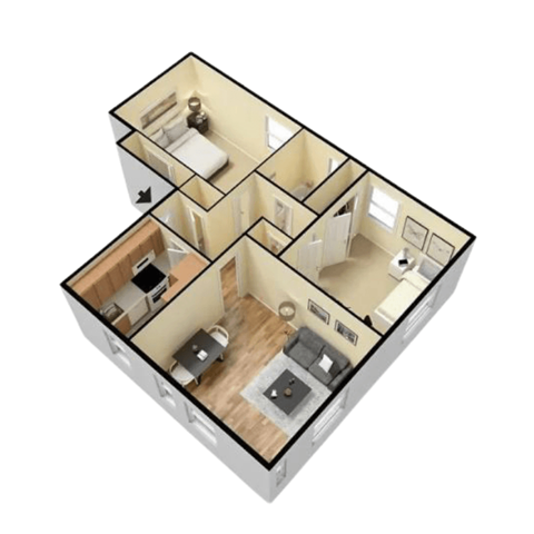 Floor plan for 2 beds, 1 bath, 900 sqft